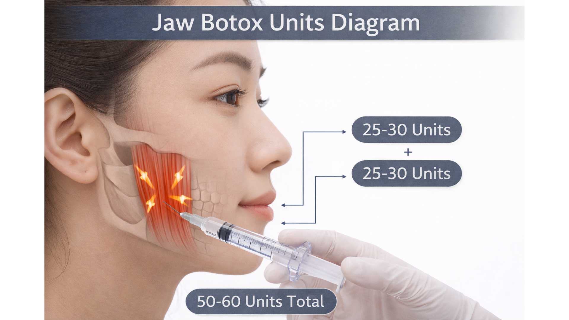 Diagram showing Botox unit distribution across masseter muscle injection points