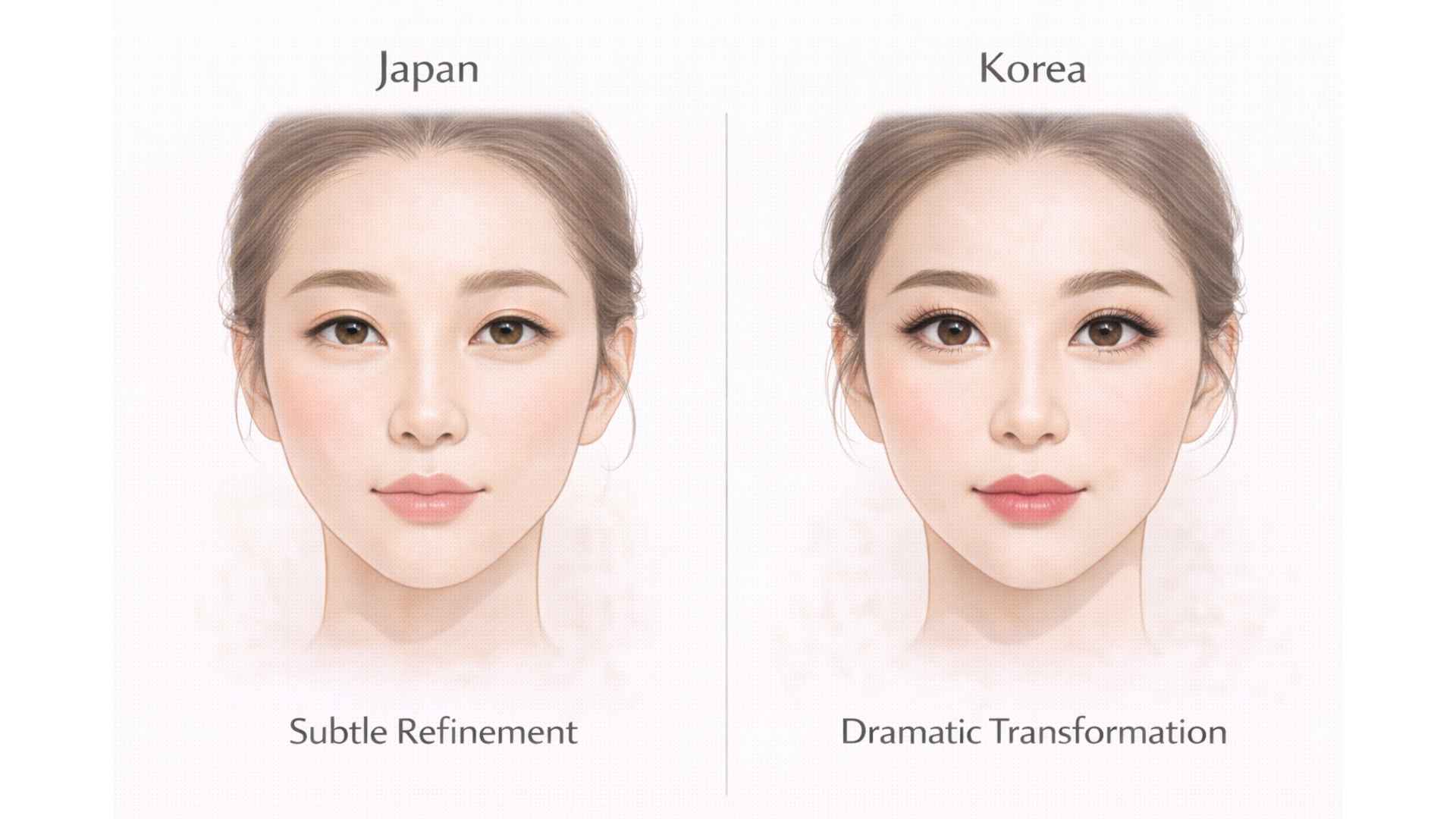 Illustration showing Japanese subtle refinement vs Korean dramatic transformation aesthetic approaches