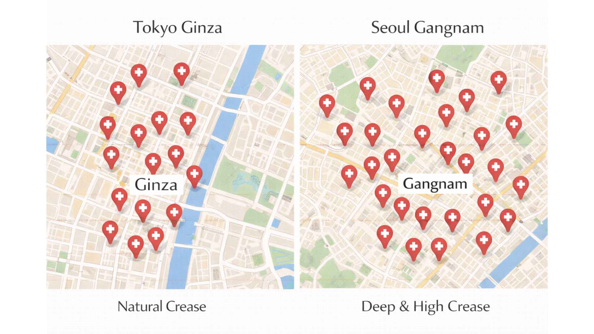Illustrated map comparing aesthetic clinic density in Tokyo Ginza and Seoul Gangnam districts