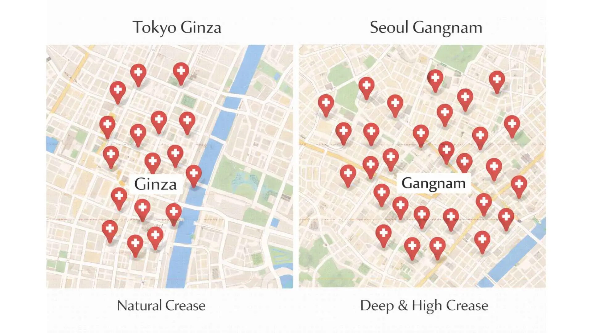 Illustrated map comparing aesthetic clinic density in Tokyo Ginza and Seoul Gangnam districts
