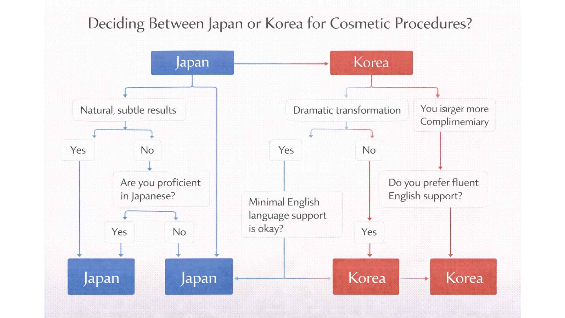 Flowchart illustration helping patients decide between Japan and Korea for cosmetic procedures