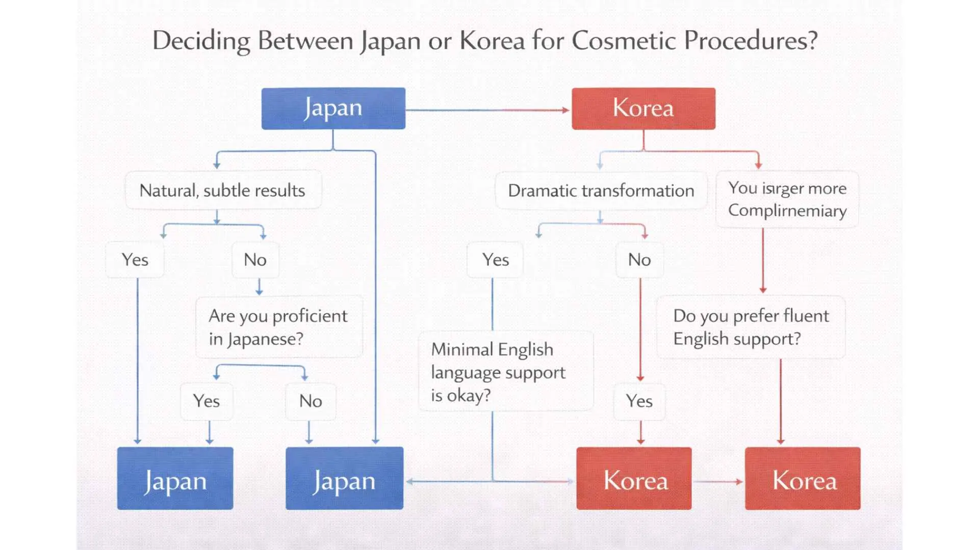 Flowchart illustration helping patients decide between Japan and Korea for cosmetic procedures