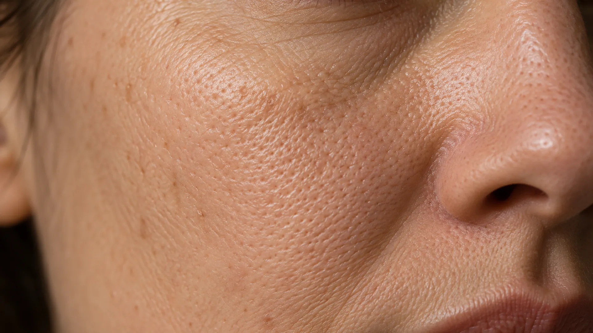 Macro photograph of a cheek and nose area in raking light, showing individual pores with a mix of round sebum-filled openings and elongated teardrop-shaped ones