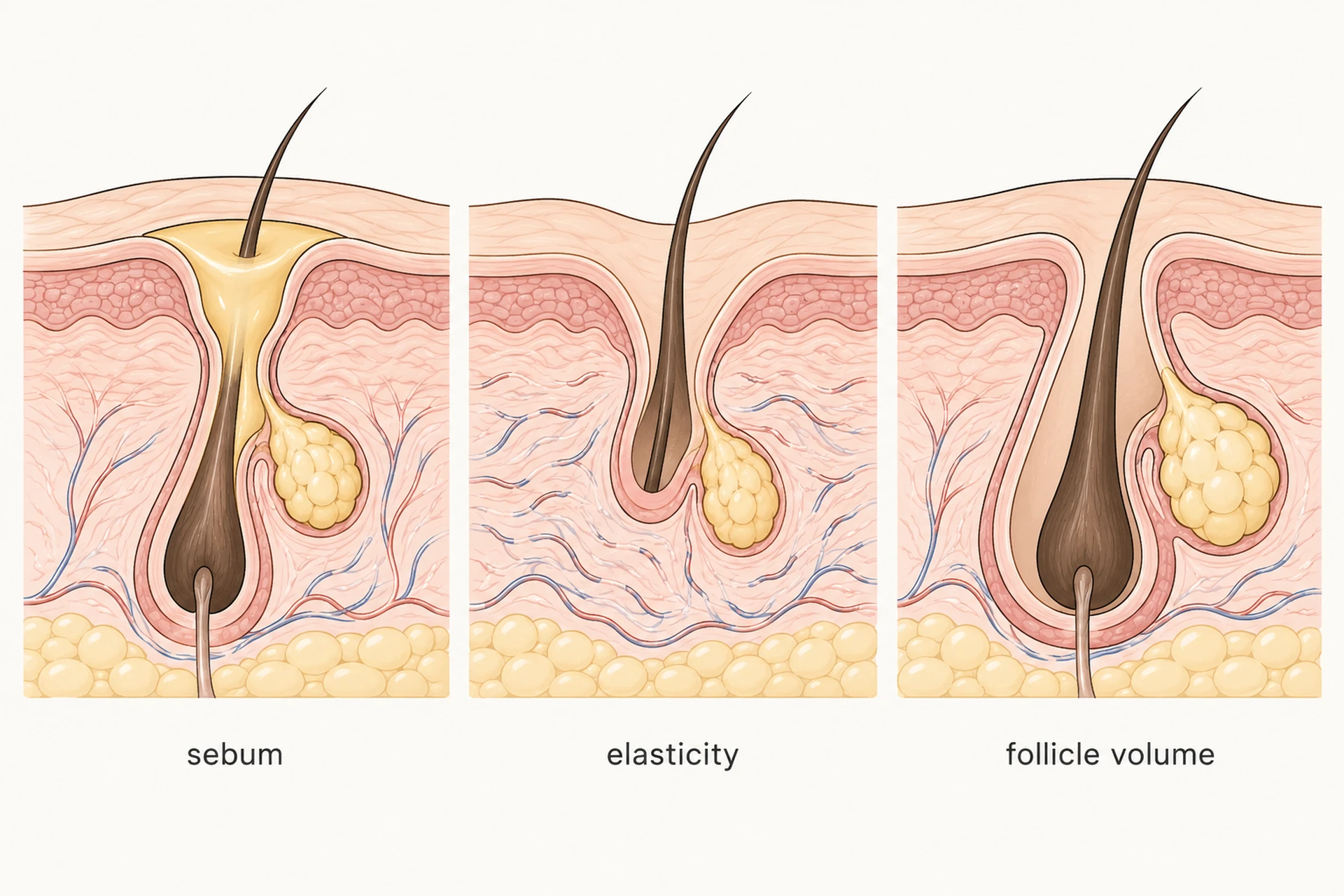 Cross-section illustration of three enlarged pores side by side: one filled and stretched by sebum, one sagging into a teardrop from lost elasticity, one with an enlarged follicle