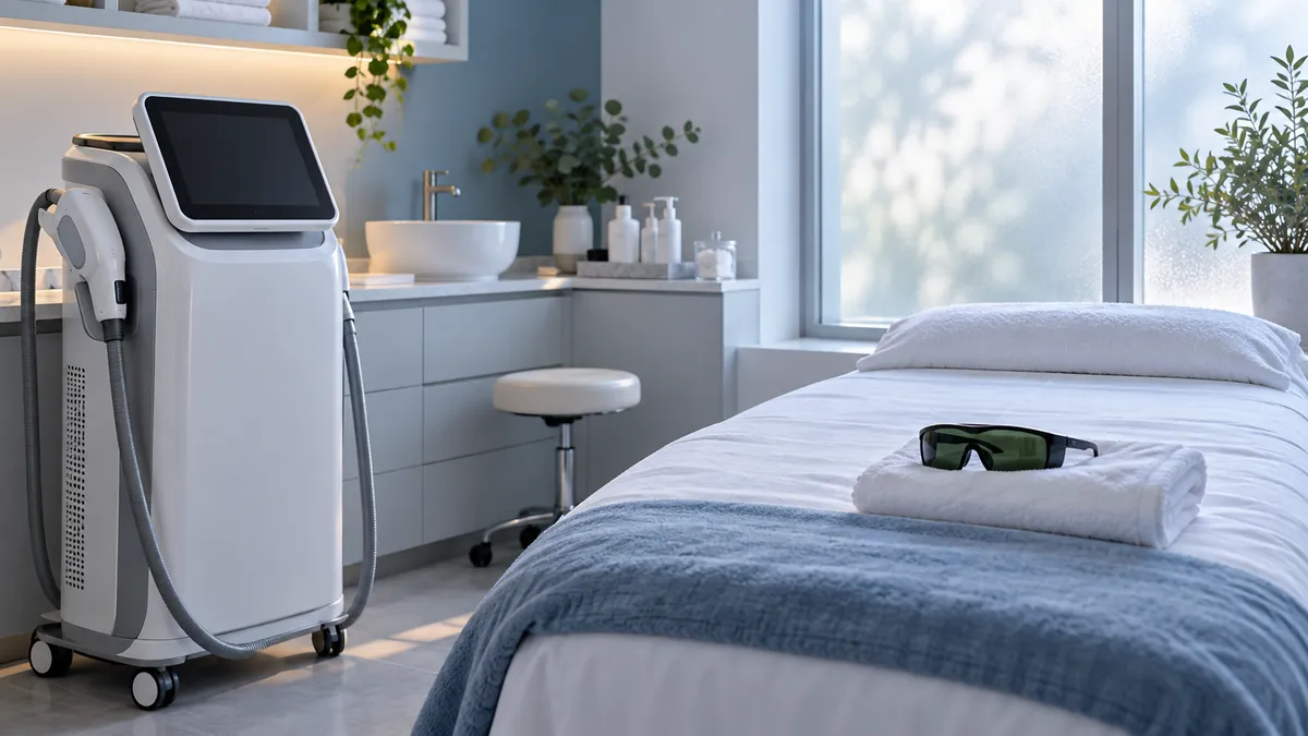 Protective goggles and a switched-off laser device in an empty skin treatment room.