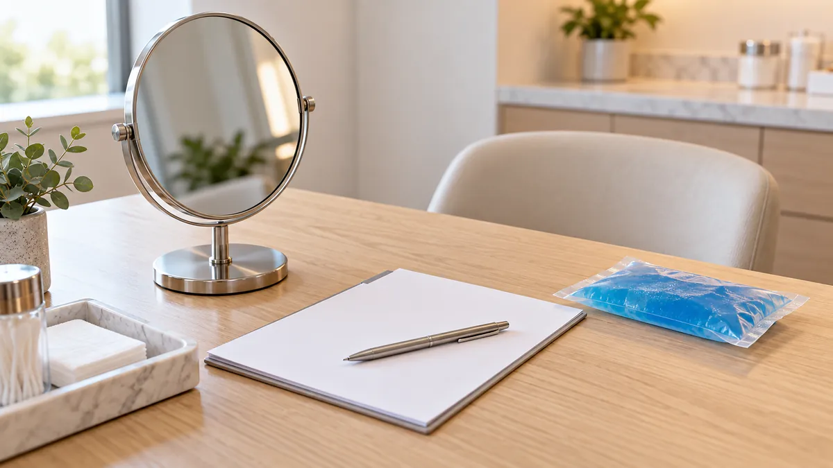 A mirror, consultation pad and sealed cooling pack arranged on a clinic desk.