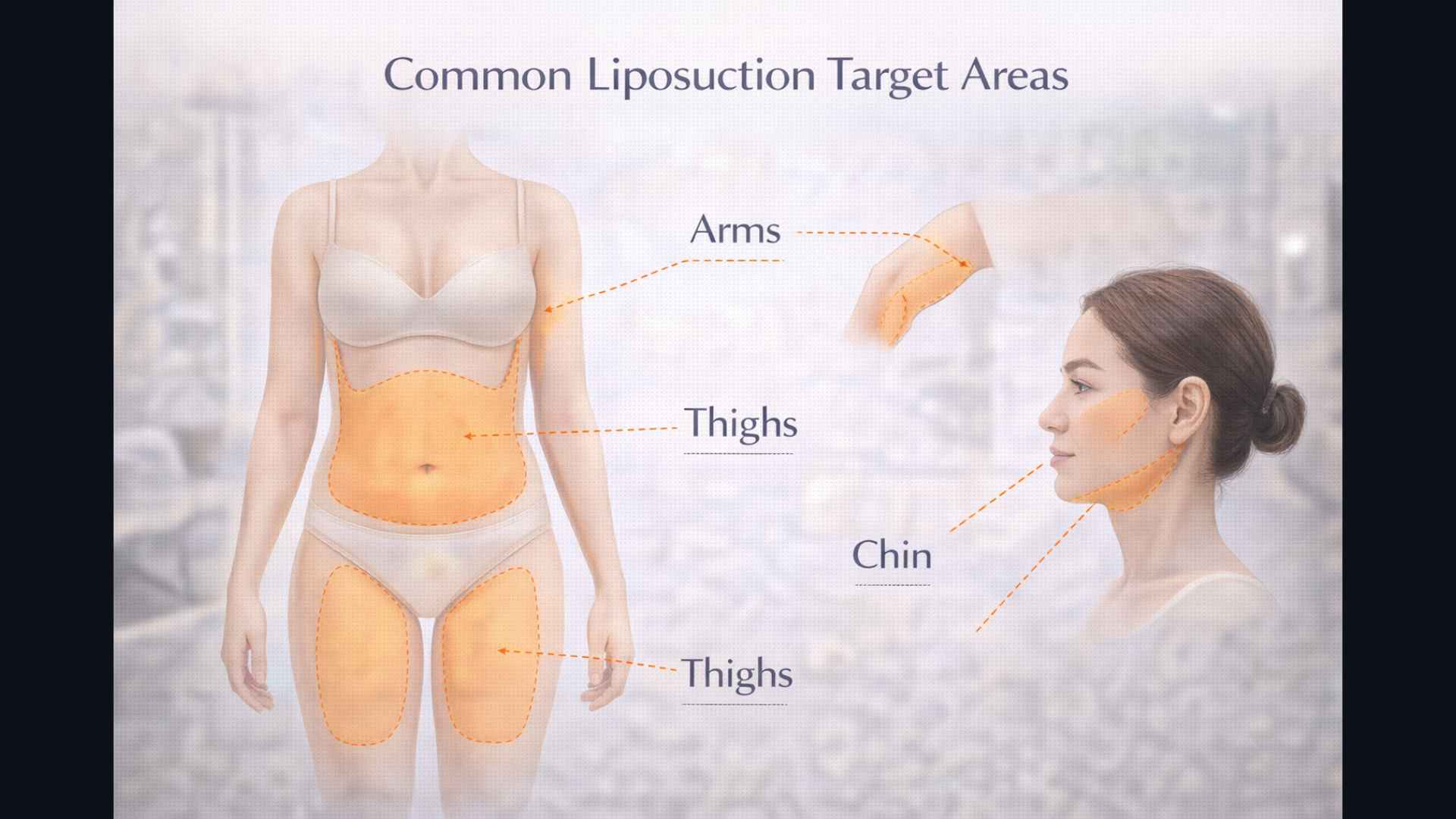 Body diagram showing common liposuction target areas — abdomen thighs arms chin
