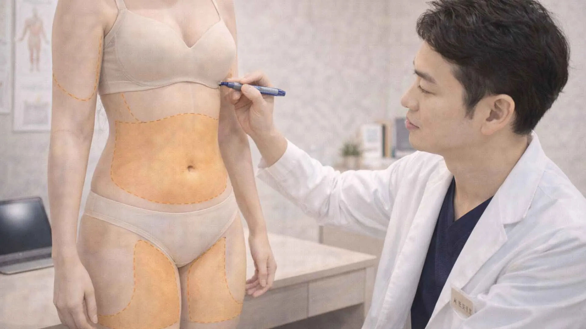 Surgeon marking liposuction target areas on patient during pre-operative consultation