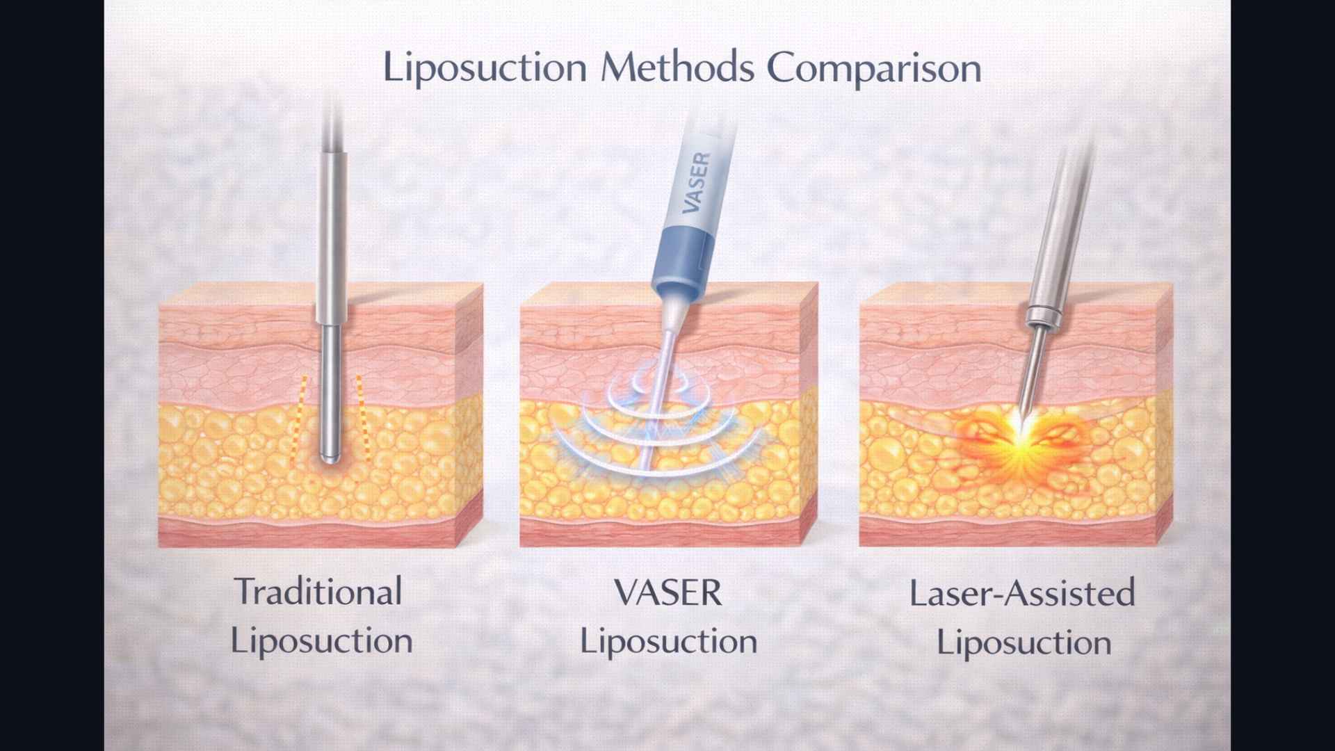 Illustrated comparison of liposuction methods — traditional VASER and laser-assisted