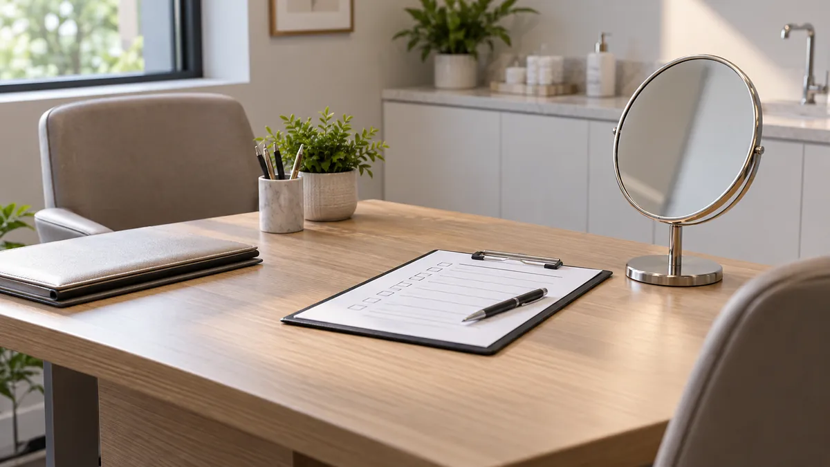 A mirror and risk-discussion checklist in an empty consultation room.