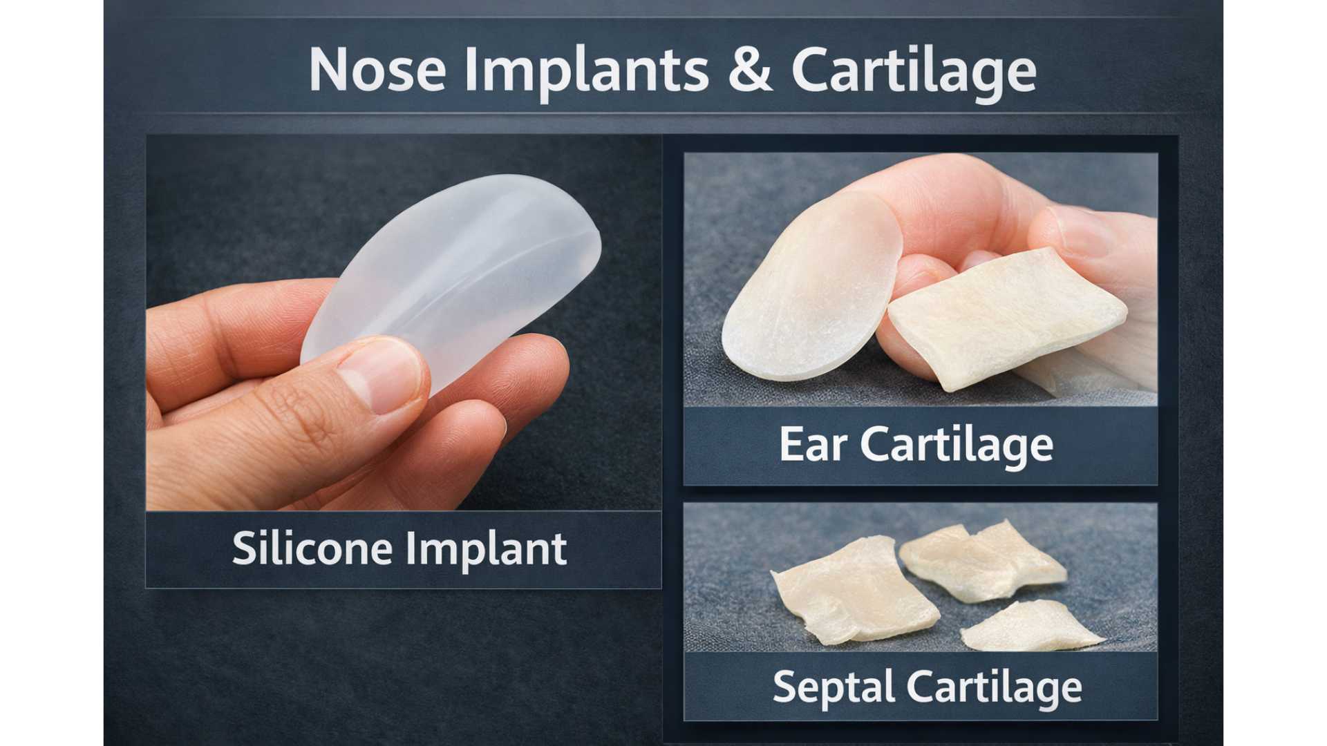 Medical cross-section diagram comparing silicone implant and cartilage graft rhinoplasty in Tokyo