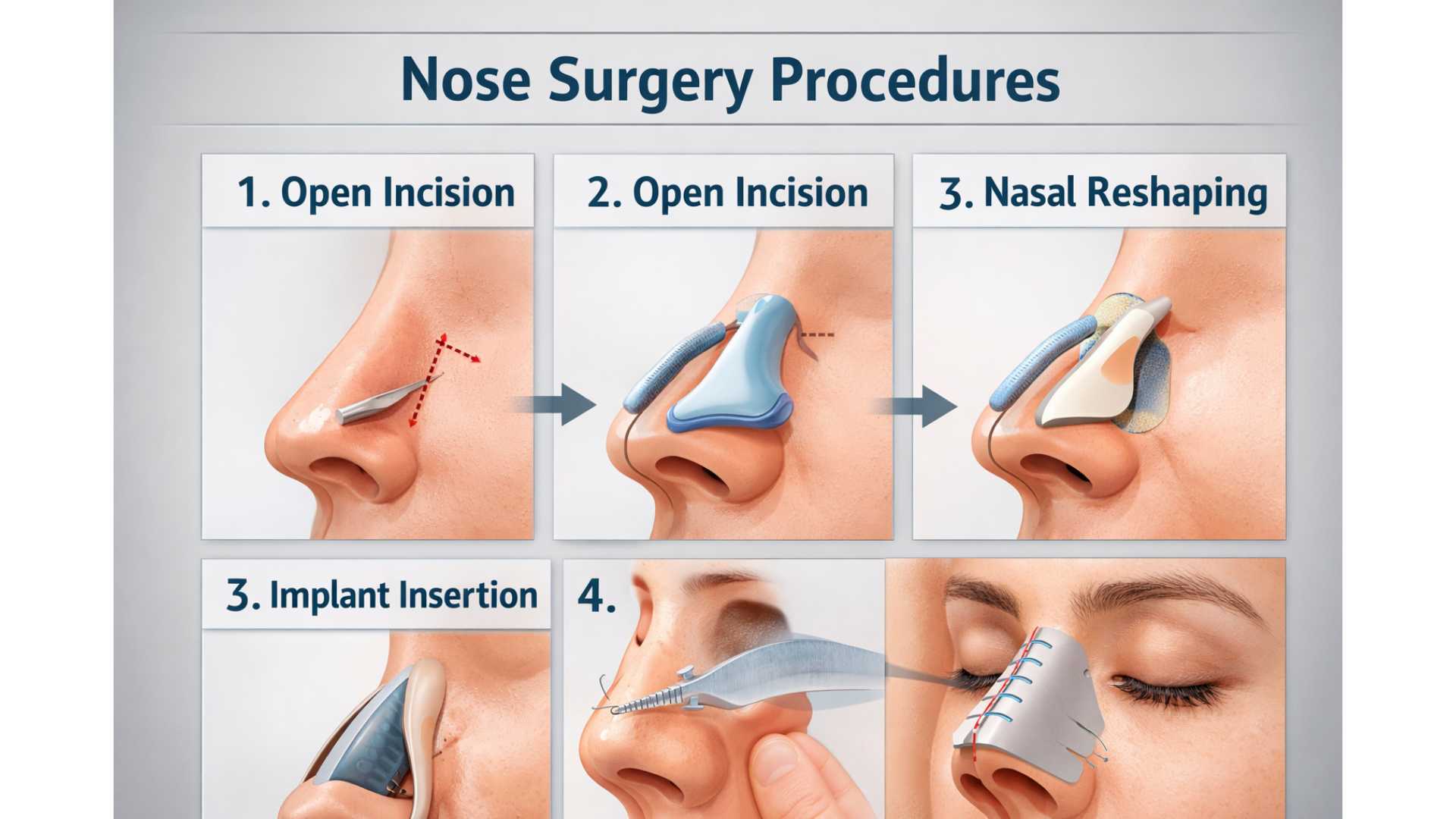 Illustrated overview of rhinoplasty procedure types available at Tokyo clinics