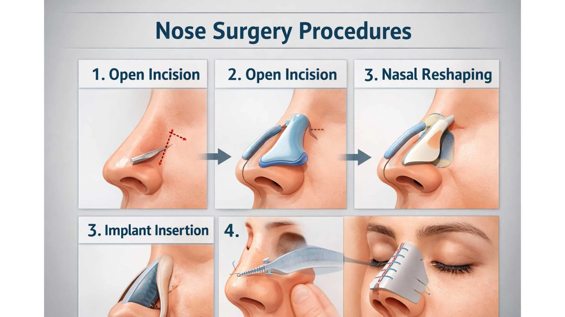Illustrated overview of rhinoplasty procedure types available at Tokyo clinics