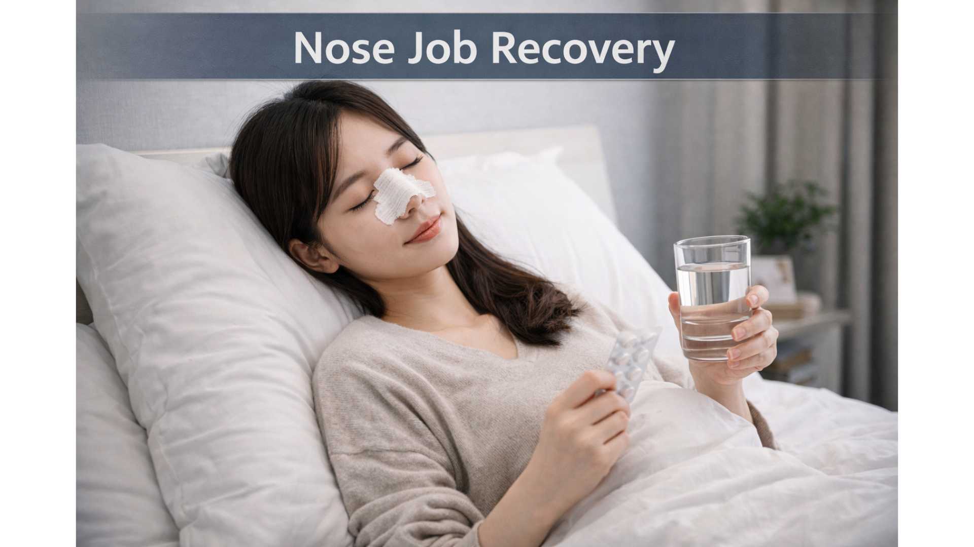 Illustrated post-rhinoplasty recovery showing splint removal timeline and swelling stages