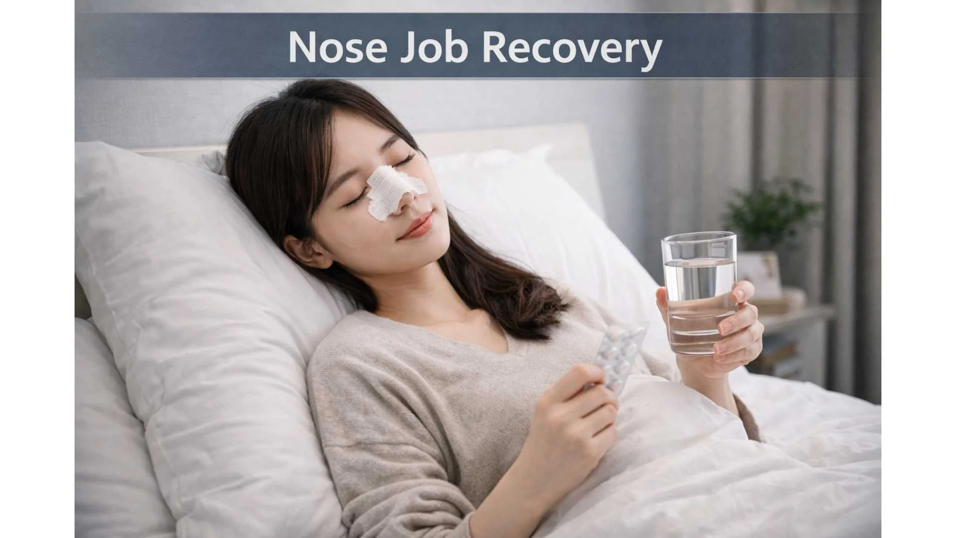 Illustrated post-rhinoplasty recovery showing splint removal timeline and swelling stages