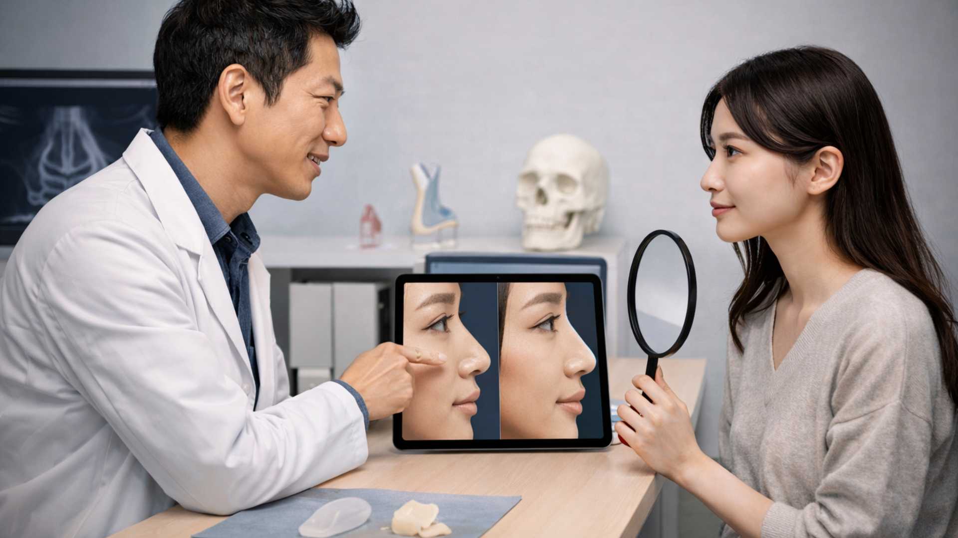 Rhinoplasty surgeon reviewing 3D simulation with patient at a premium Tokyo clinic