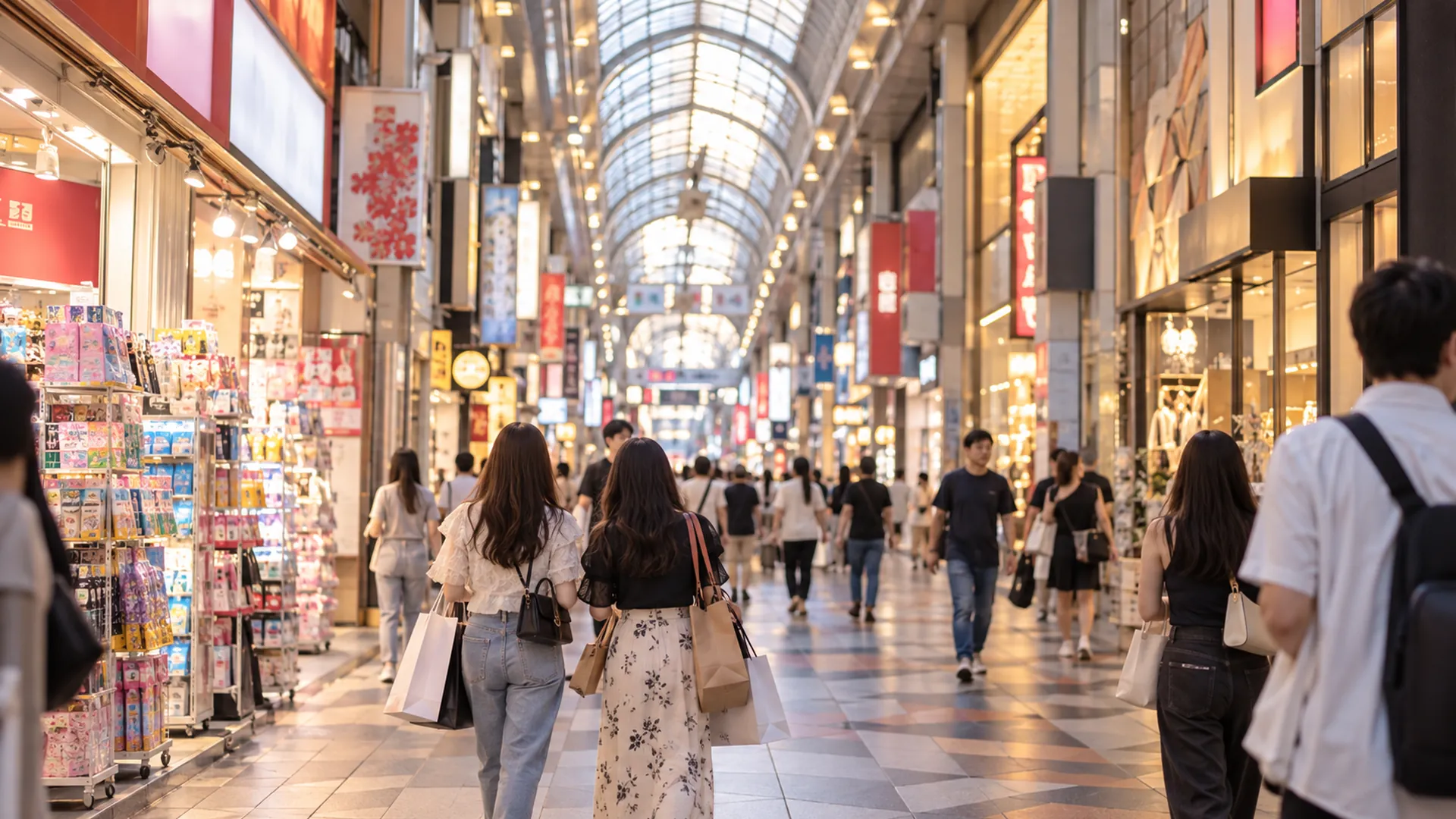 Osaka Shinsaibashi-suji covered arcade in the late afternoon, shoppers with paper bags under the glass roof, drugstore signage in soft focus