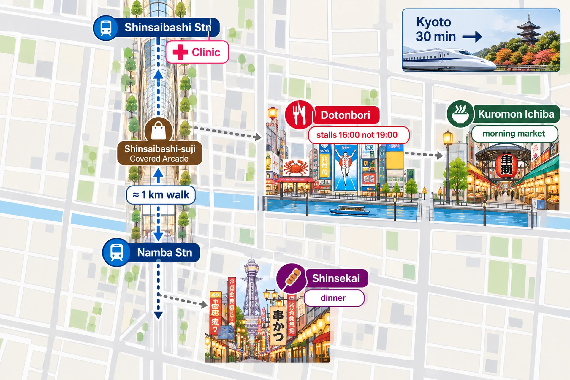Simplified map diagram of Osaka's Minami district showing Shinsaibashi station, the Shinsaibashi-suji arcade, Dotonbori, Namba station and Kuromon Ichiba market, with icons for breakfast, head spa, clinic, drugstore shopping and dinner in Shinsekai, distances labelled as walking minutes