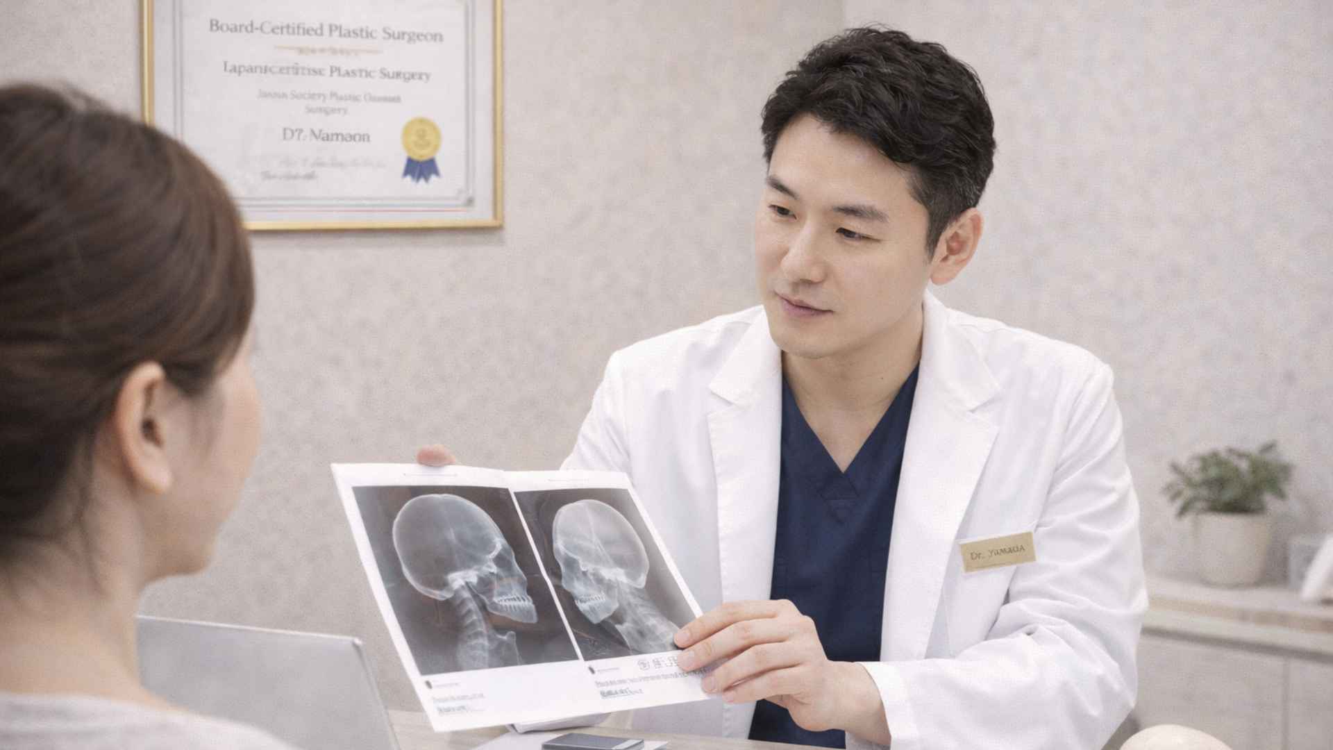 Japanese board-certified plastic surgeon in consultation room reviewing patient case