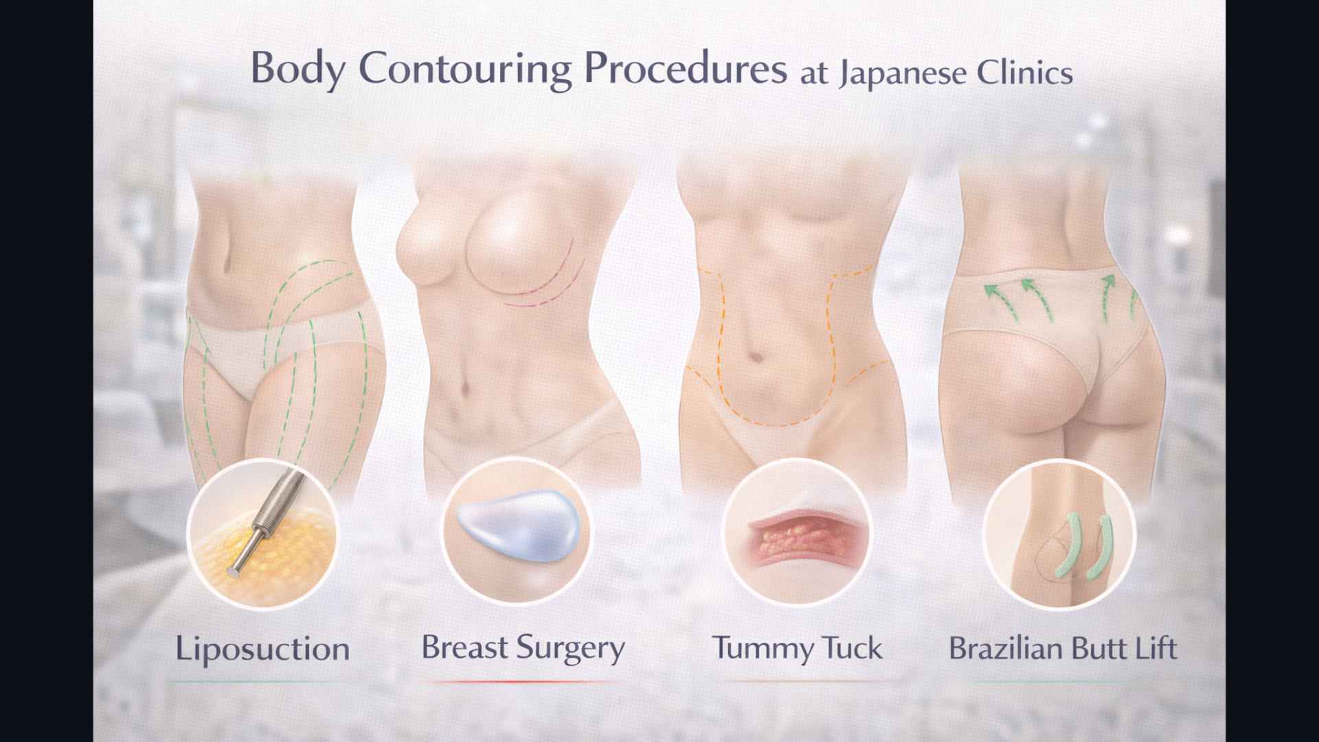 Medical illustration showing body contouring procedures available at Japanese clinics