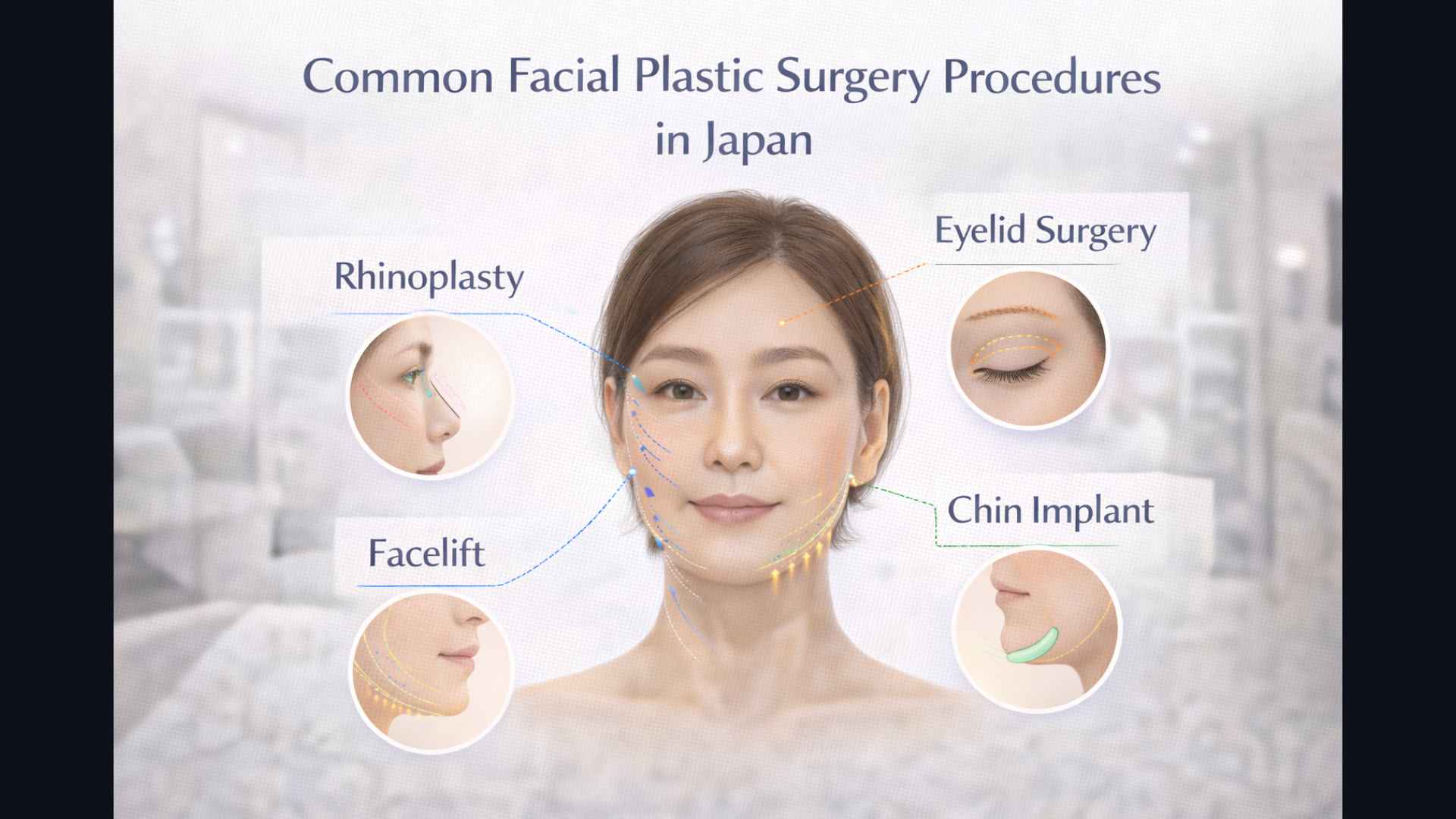 Medical illustration showing common facial plastic surgery procedures available in Japan