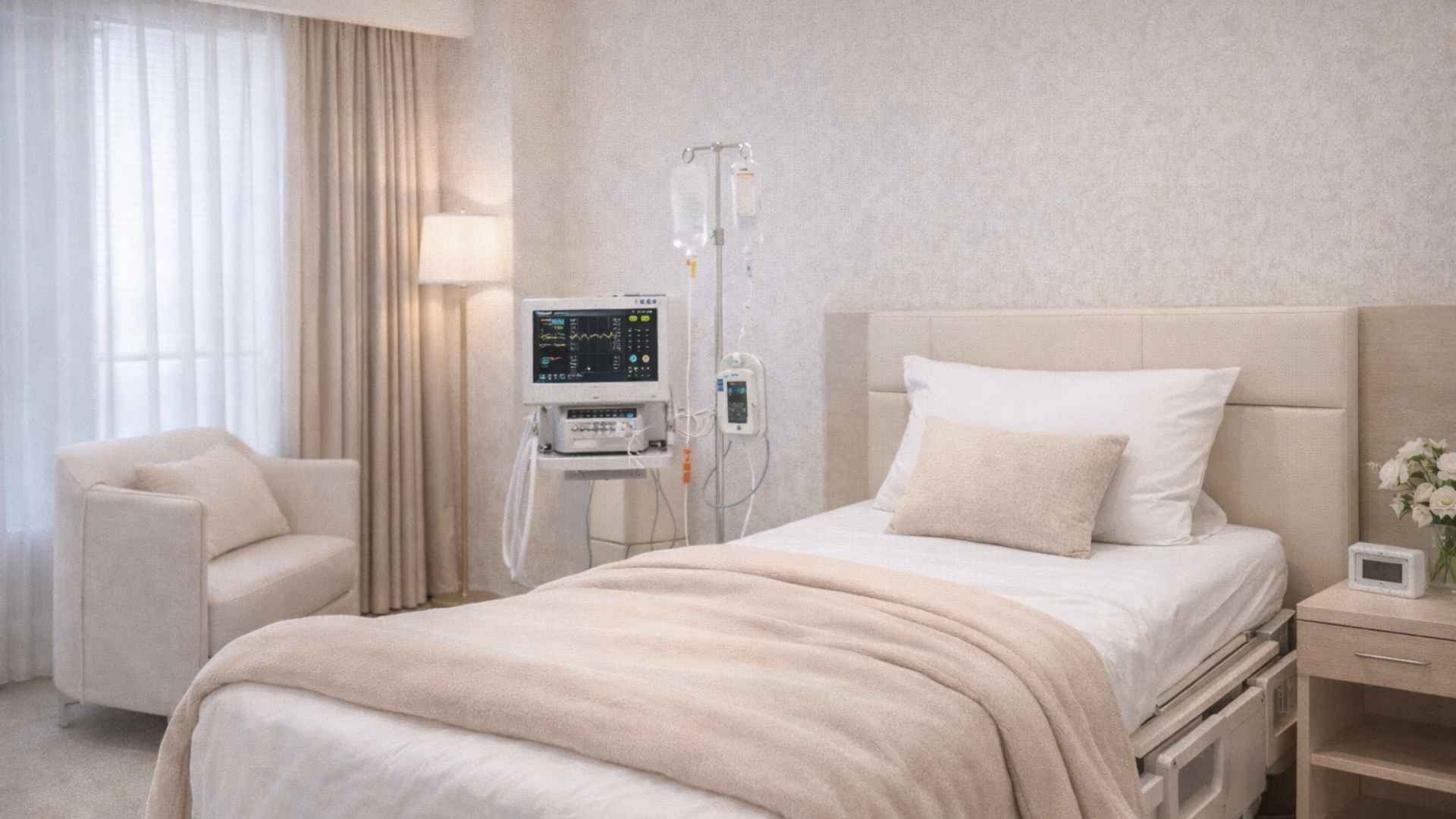 Private recovery room at a Japanese plastic surgery clinic with monitoring equipment