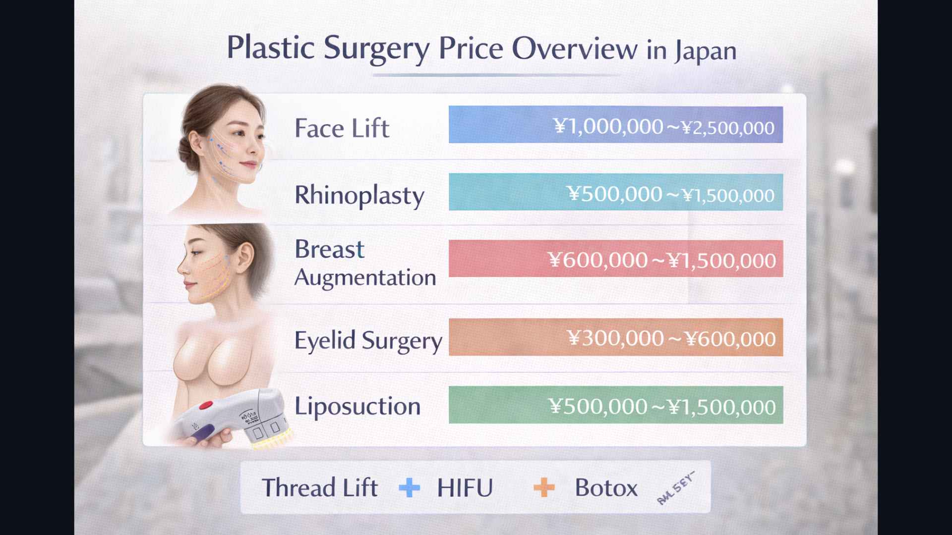 Price range overview chart for common plastic surgery procedures in Japan