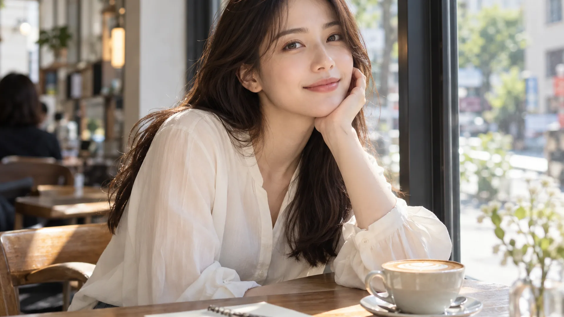 A bride-to-be in a plain cream blouse at a bright Tokyo cafe window, clear skin in natural daylight, a small notebook and coffee on the table