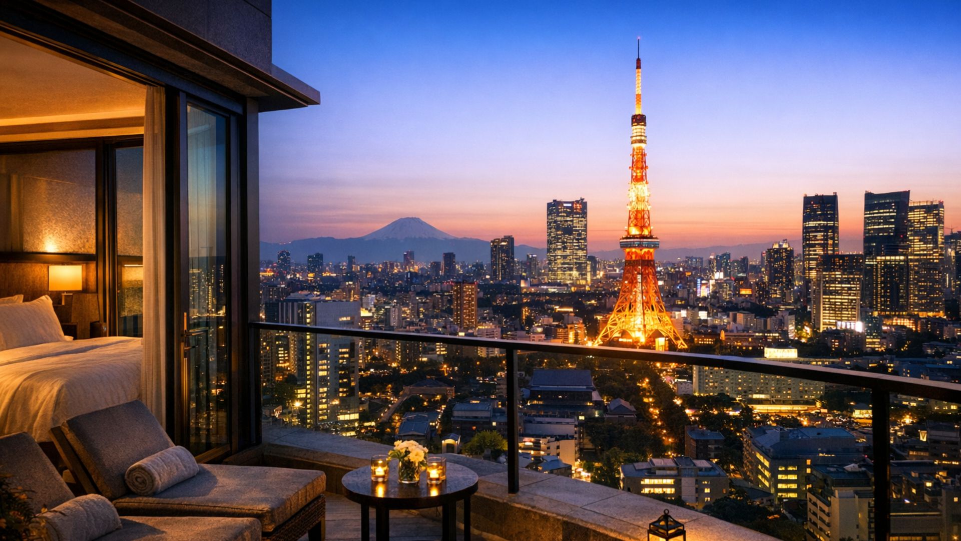 Tokyo hotel room with city view, post-surgery recovery setup