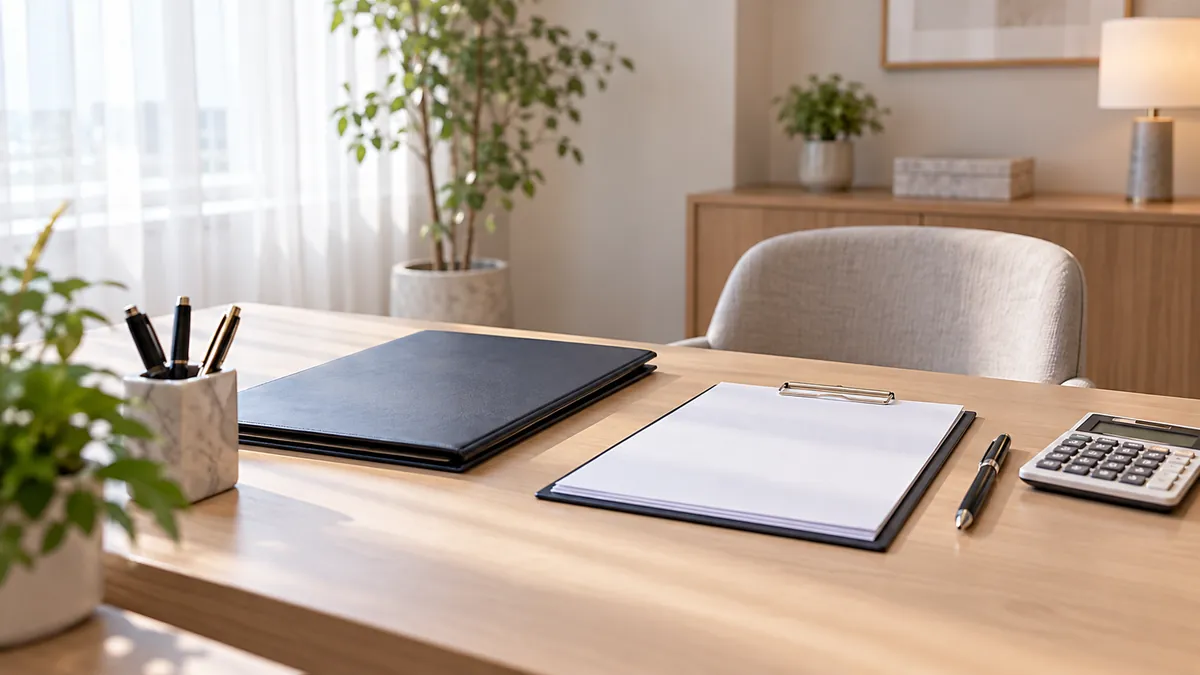 A cost-estimate folder, consent sheets and calculator on a private consultation desk.
