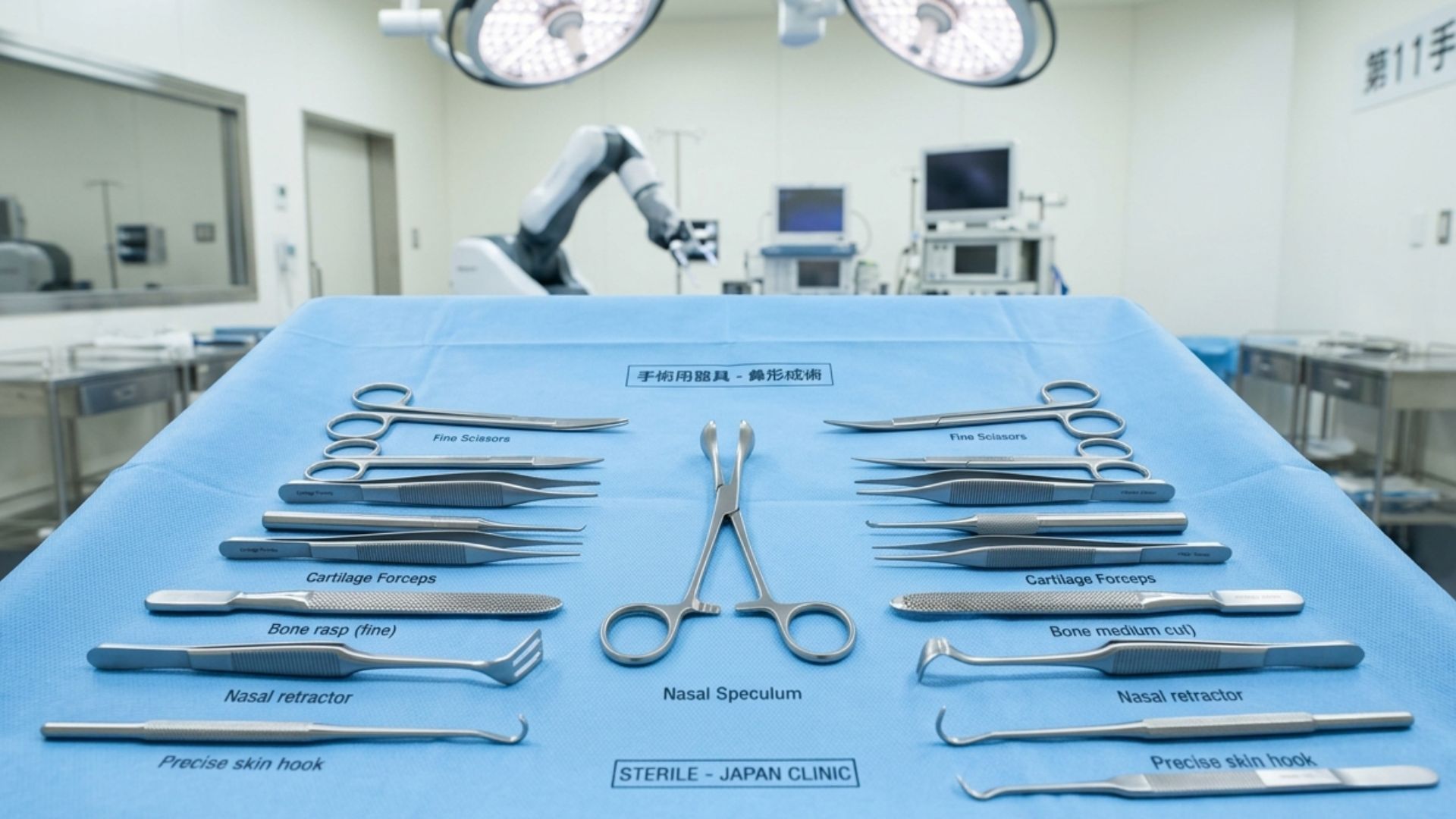 Surgical instruments for rhinoplasty laid out on sterile blue drape in Japanese operating room, medical precision photography