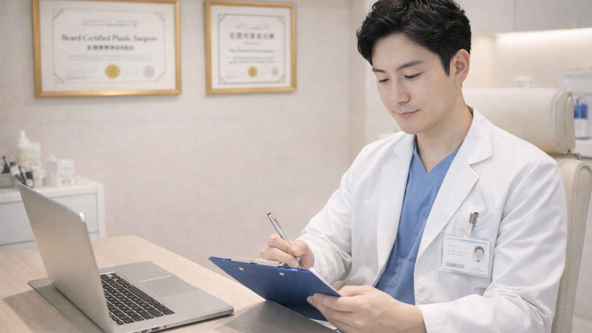 Japanese board-certified plastic surgeon reviewing patient records in a modern clinic office