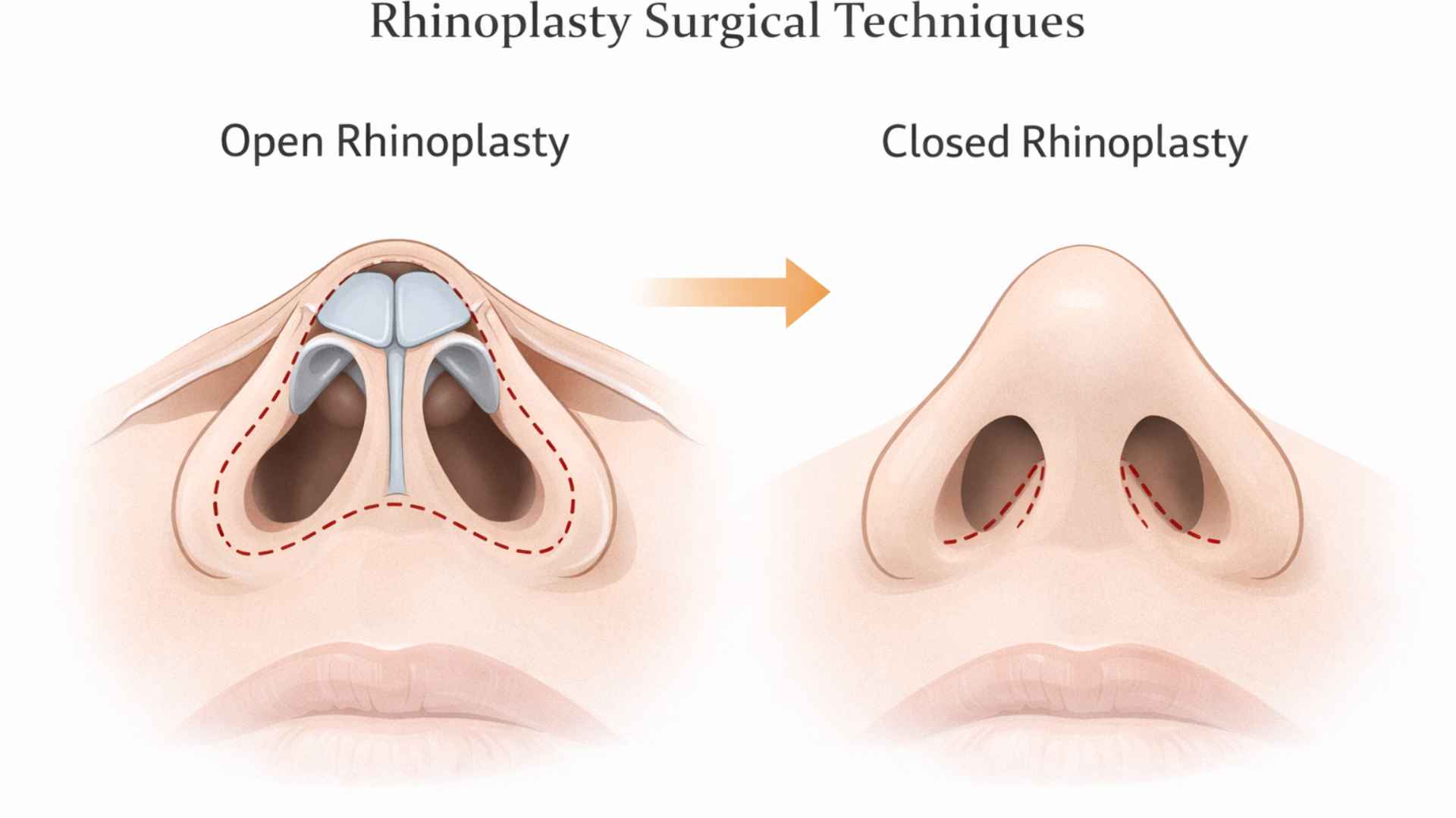 Illustrated comparison of open vs closed rhinoplasty surgical techniques
