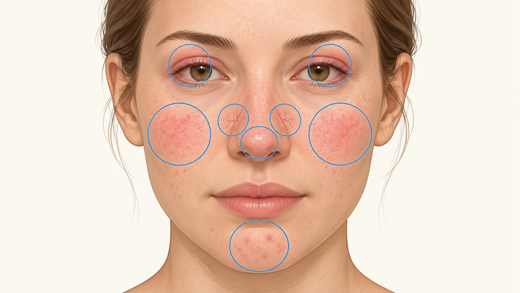 Illustration of a face showing where rosacea features appear: flushing and persistent redness on the central cheeks, fine visible vessels on the nose, small bumps on the chin and cheeks, irritated eyelids and thickened skin on the nose