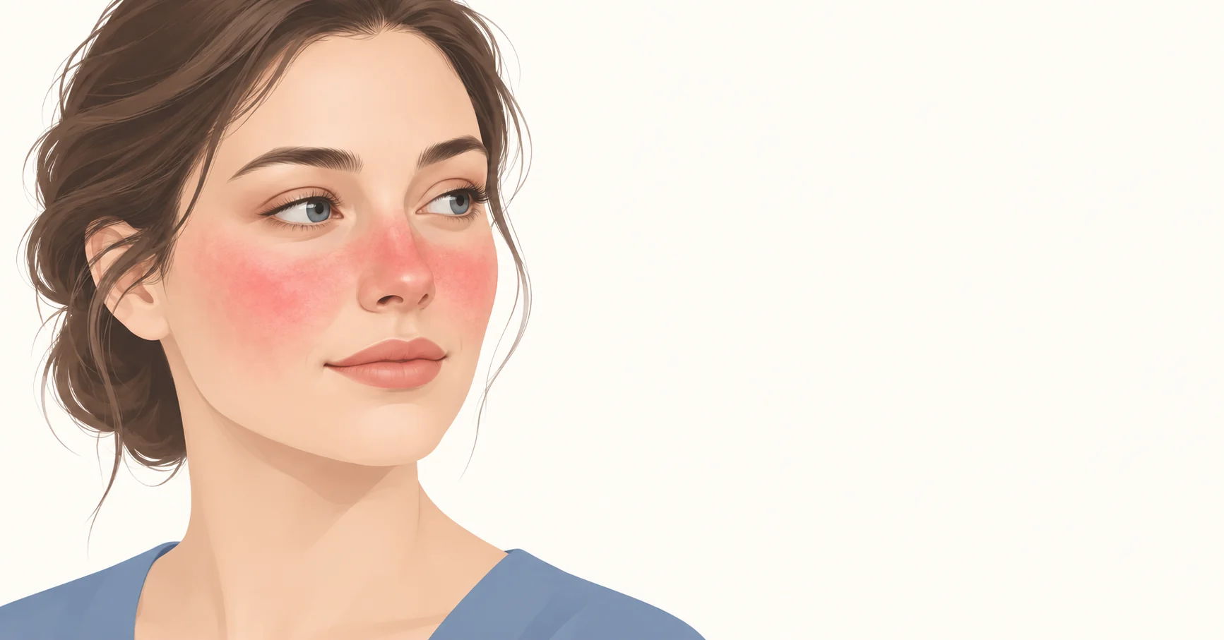 Illustration of a calm face in soft light with gentle redness across the central cheeks and nose, on an off-white background