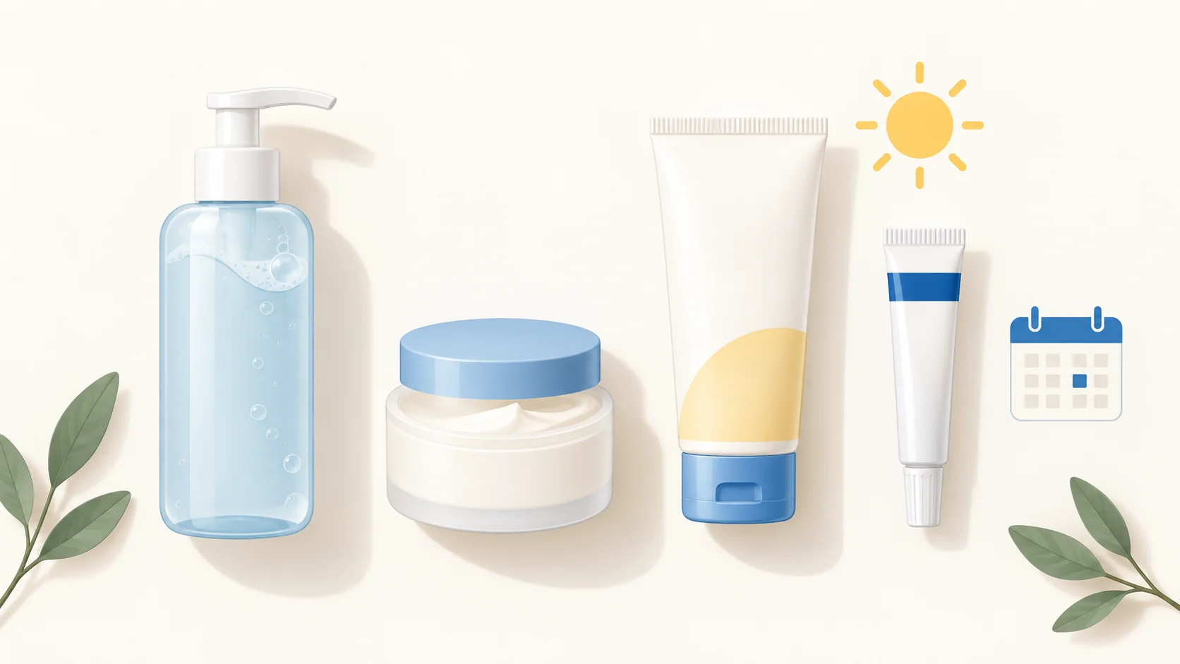 Flat-lay illustration of a simple rosacea maintenance routine: a gentle cleanser, a moisturiser, a sunscreen and a small prescription cream tube, with sun and calendar icons