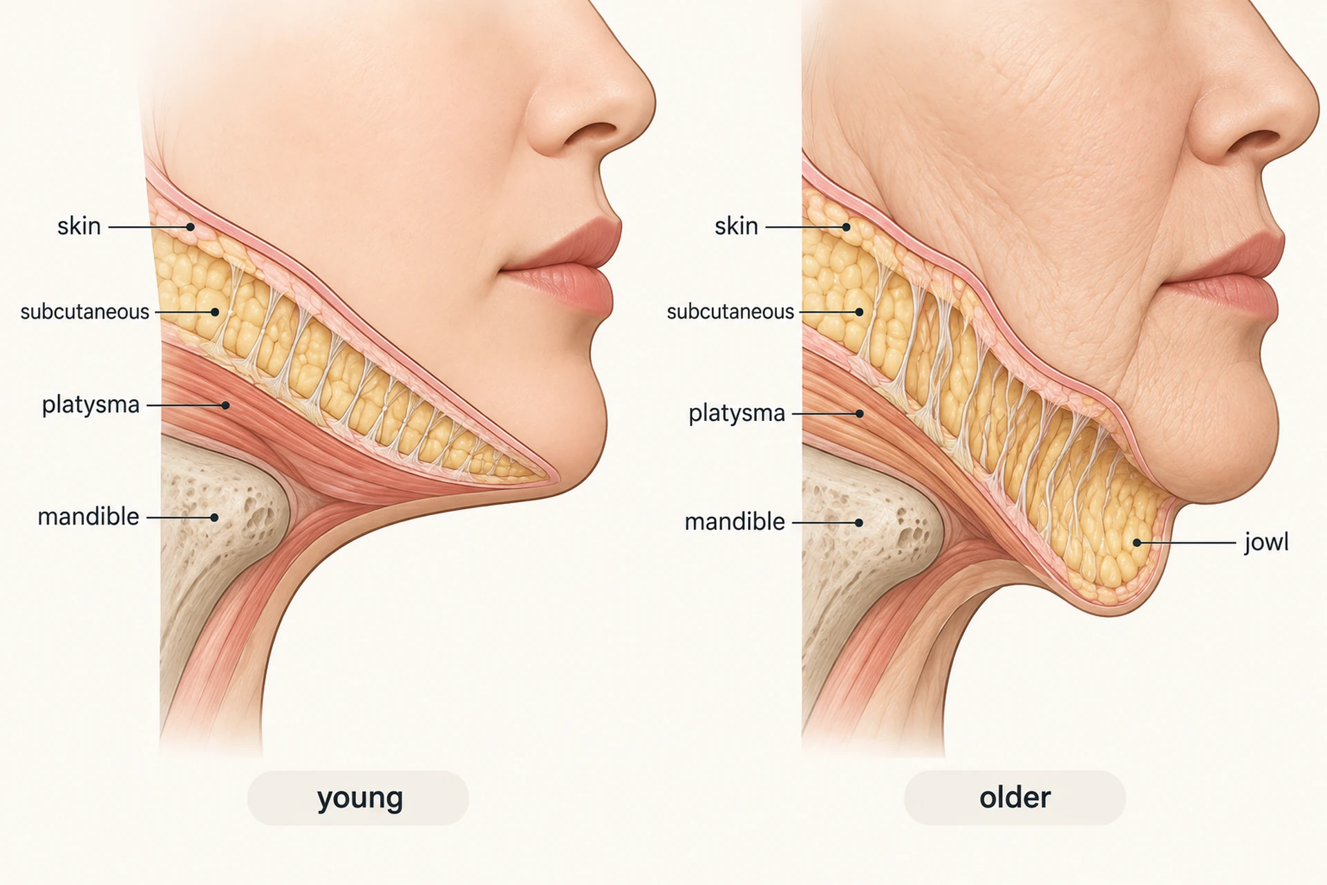Cross-section illustration of the lower face showing the subcutaneous layer over the mandibular ligament, with elastic connective tissue short in youth and lengthened with age forming the jowl pouch below the jawline
