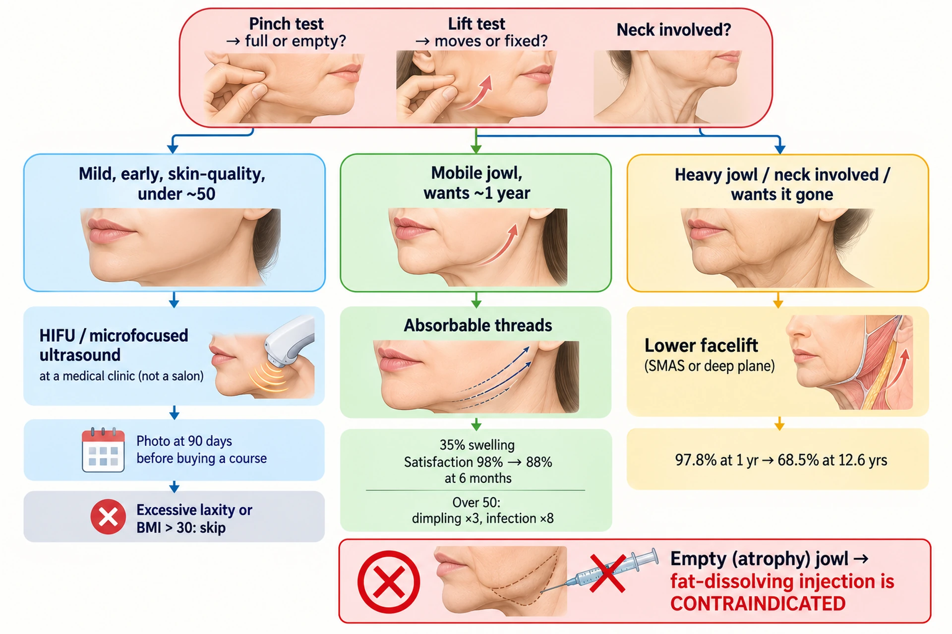 Decision flow diagram routing jowls by pinch test (full vs empty), lift test (mobile vs fixed), age and neck involvement to HIFU or radiofrequency tightening, absorbable threads, or lower facelift, with a warning against fat reduction for atrophy-type jowls