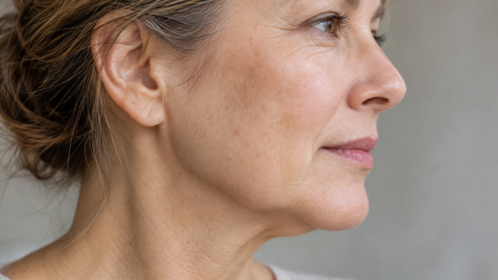 Profile photograph of a woman in her fifties in soft side light, showing a mild jowl softening the line of the jaw beside the chin, natural skin, calm expression