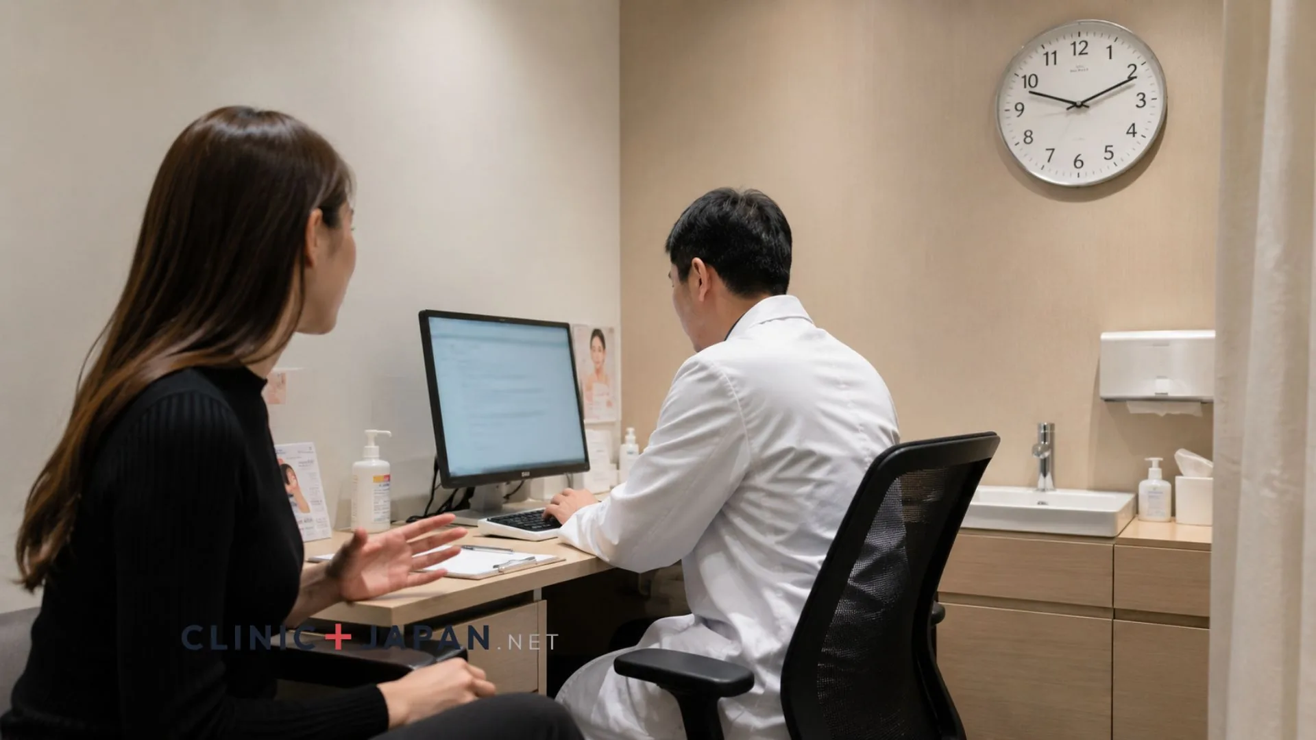 Doctor typing at a consulting-room computer with his back partly to the patient, a wall clock above showing how little time the visit takes