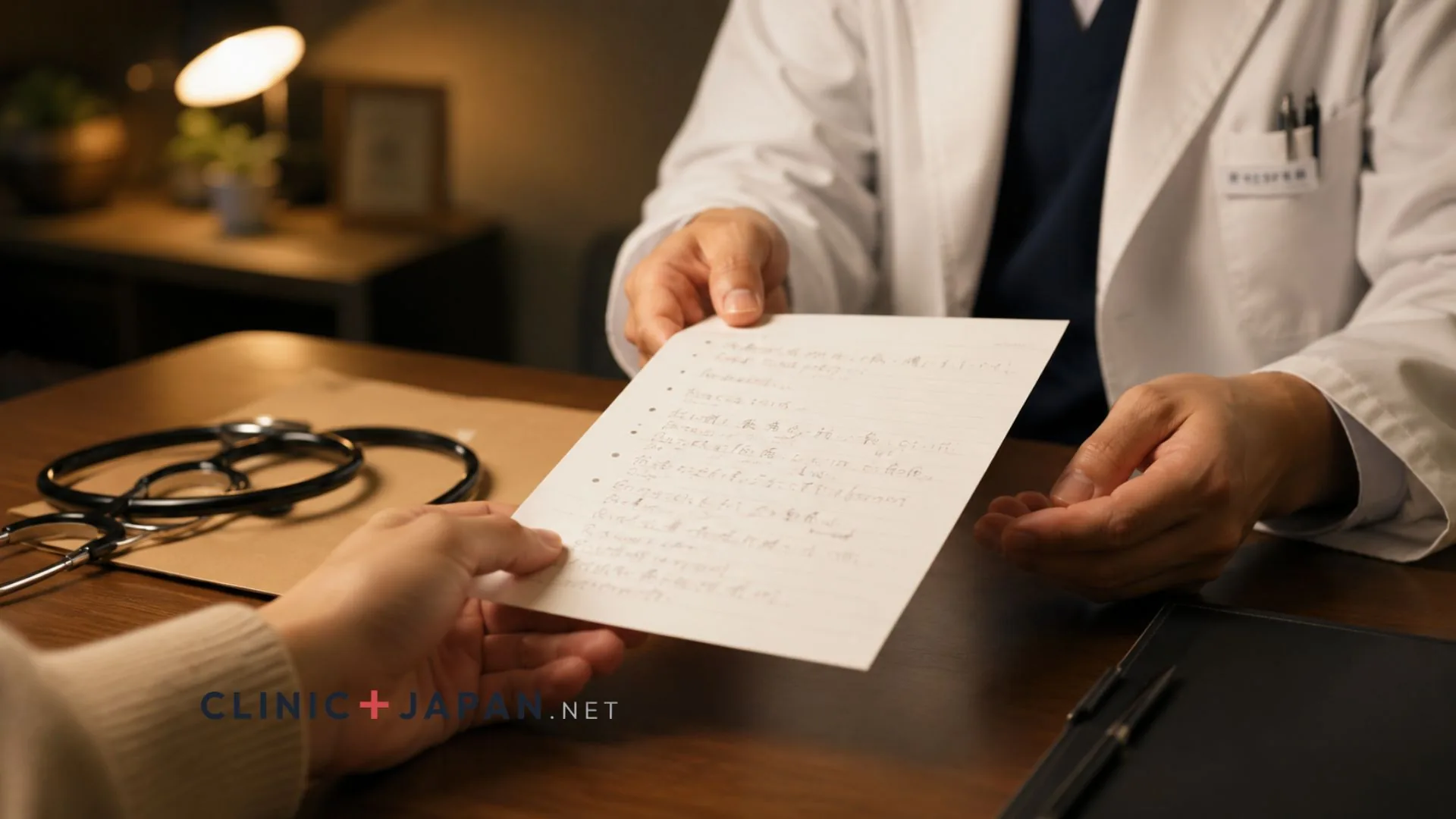 Patient handing a handwritten symptom note in Japanese across the desk to a doctor in a white coat, with a stethoscope and clipboard beside them