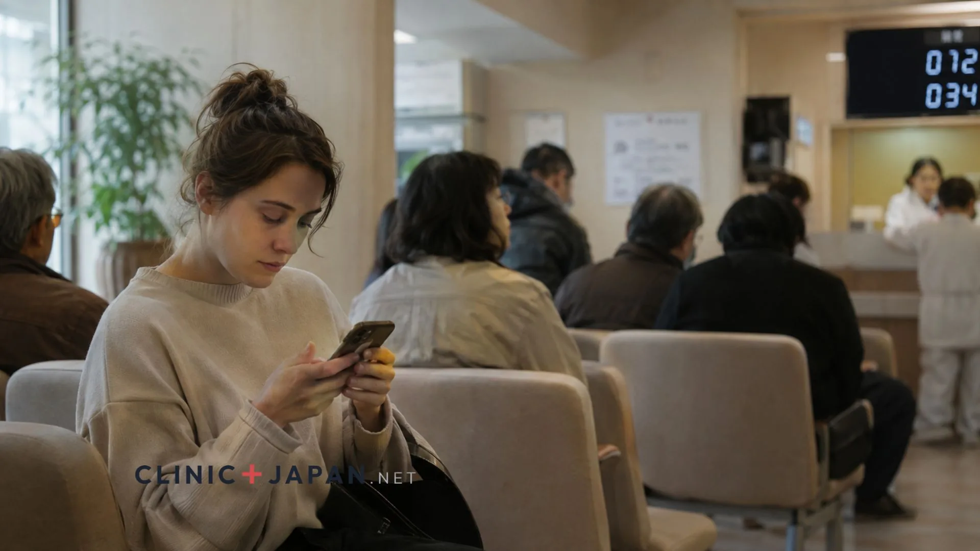 Patient waiting on a bench in a crowded Japanese clinic waiting room, looking at her phone while a queue-number display shows waiting ticket numbers