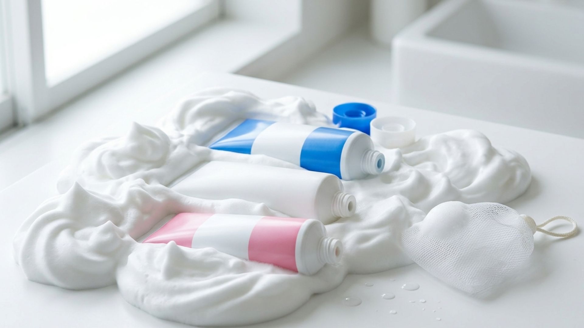 Senka Perfect Whip cleansing foam tubes arranged on a white surface with dense foam swirls — Original, White Clay, and Collagen-In variants