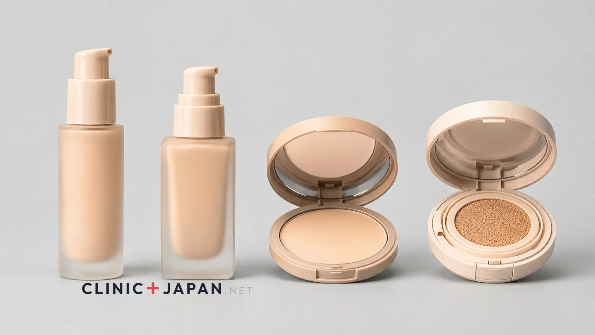 Comparison of Shiseido Synchro Skin foundation formats — Self-Refreshing liquid, Radiant Lifting liquid, powder and cushion — labelled by finish type