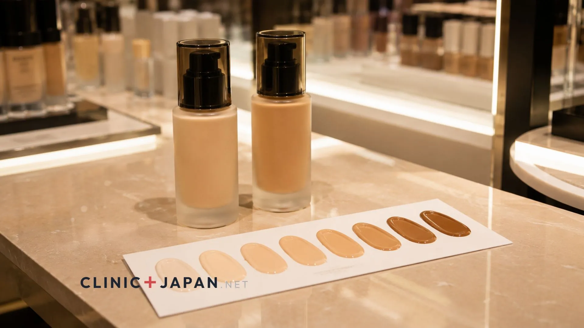 Shiseido Synchro Skin foundation bottles arranged on a department store counter beside shade swatches on a testing card