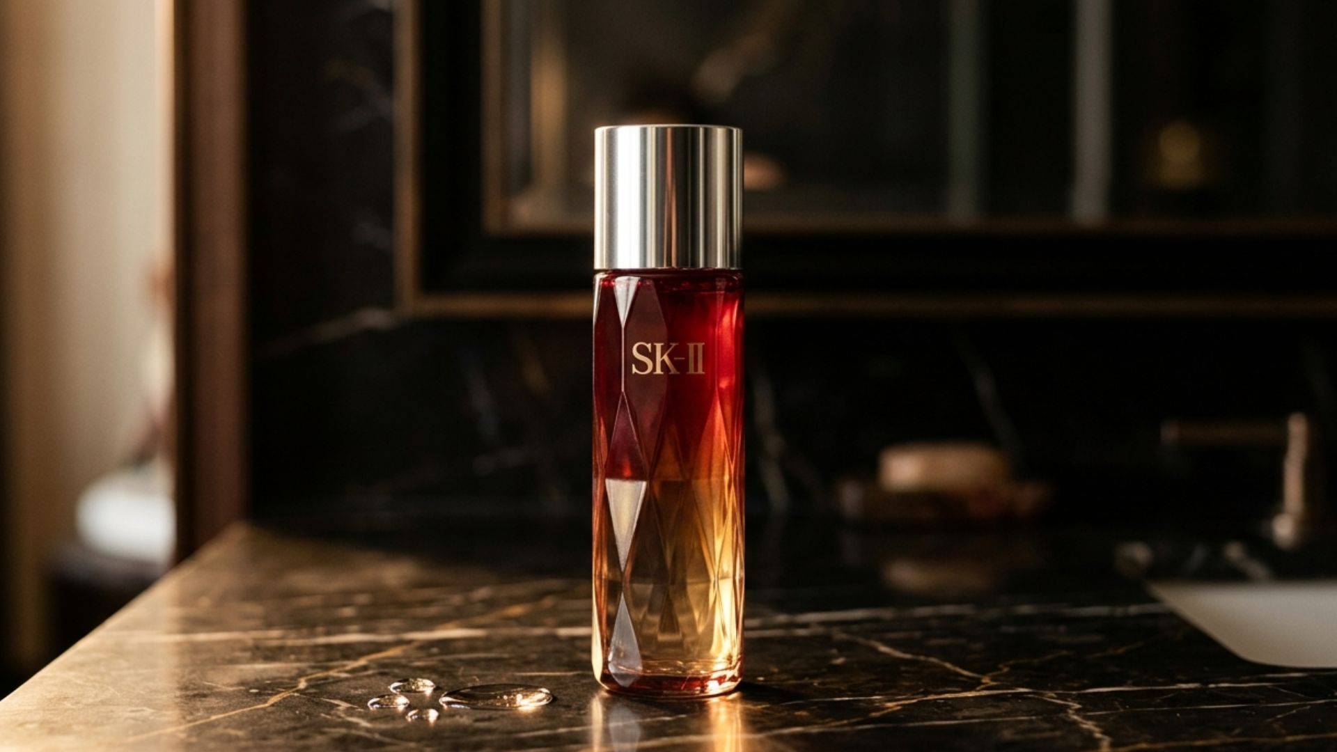SK-II Facial Treatment Essence red bottle on an elegant dark surface with soft ambient lighting