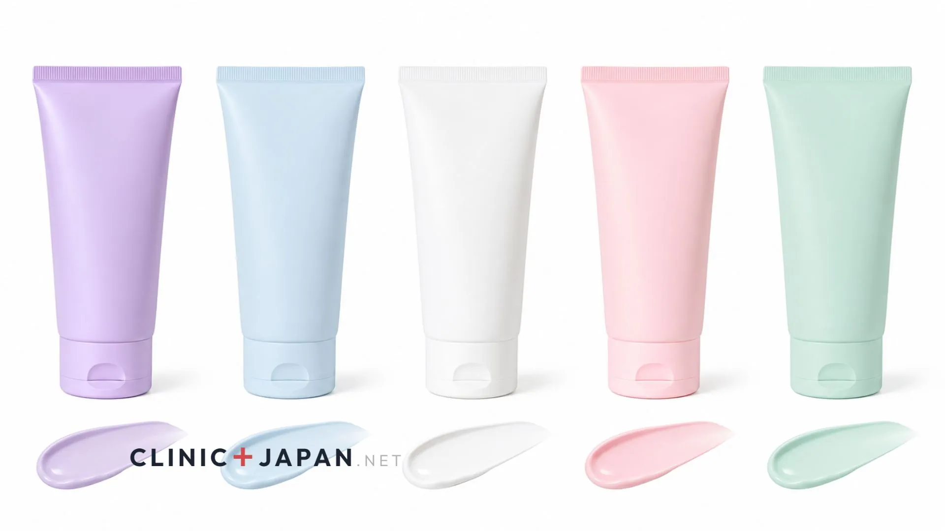 Row of Skin Aqua Tone Up UV Essence tubes in lavender, blue, white, pink and mint green with swatches showing each colour correction