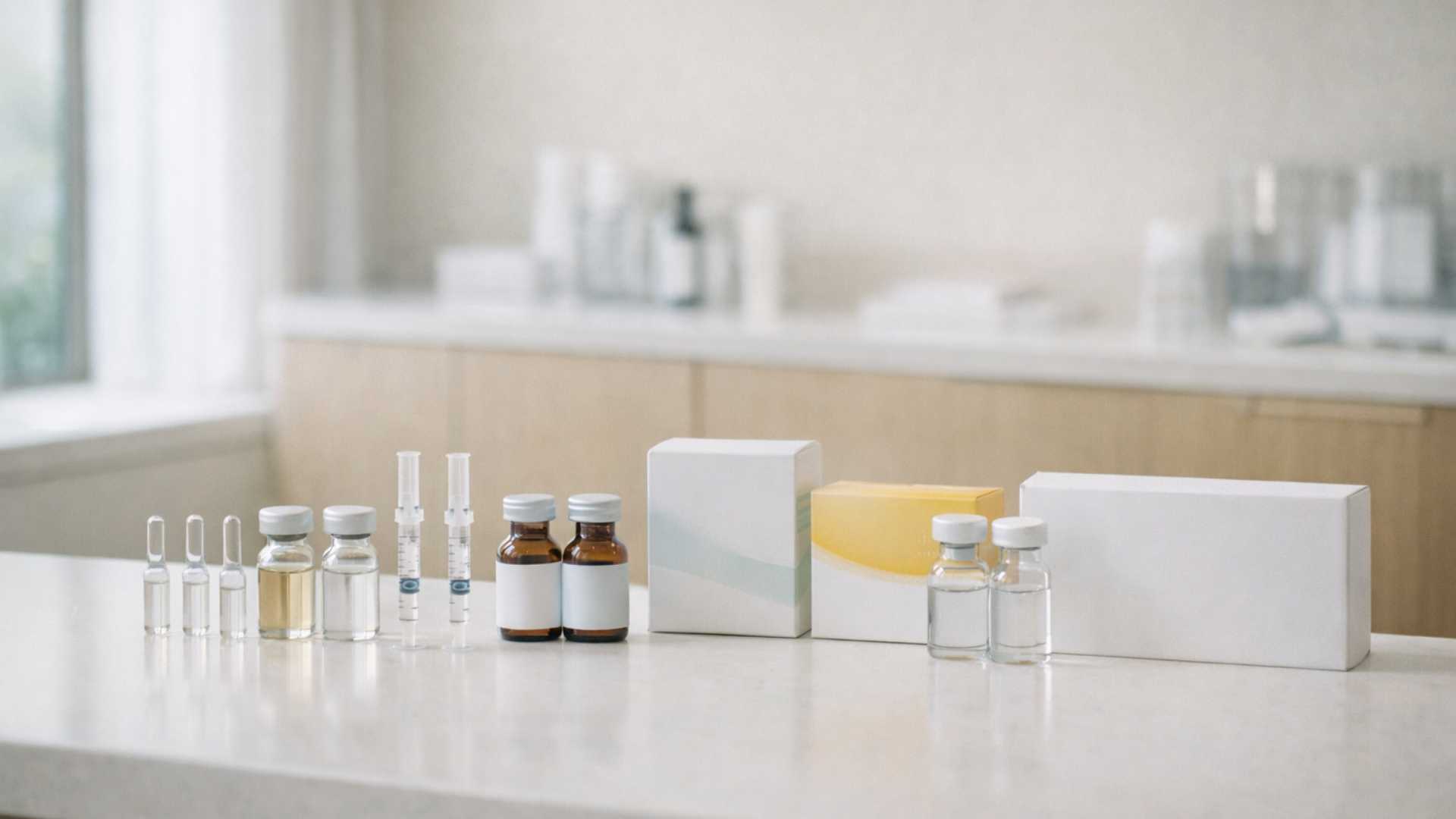 Comparison of skin booster brands available in Japan — Rejuran Profhilo Juvelook vials on clinical tray