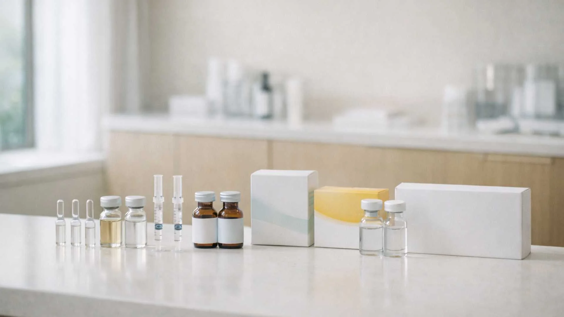Comparison of skin booster brands available in Japan — Rejuran Profhilo Juvelook vials on clinical tray