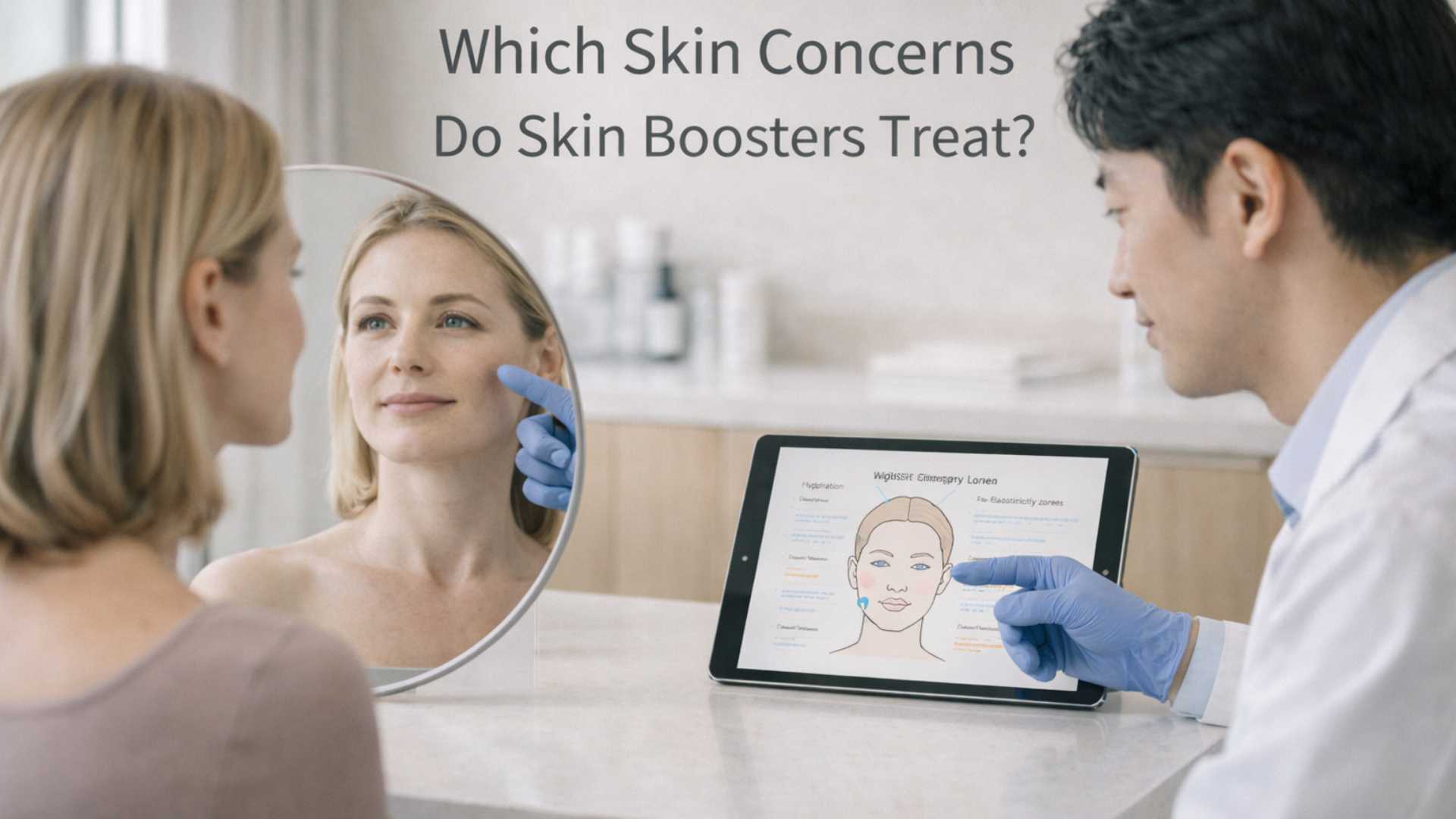 Decision guide illustration showing which skin booster to choose based on skin concern